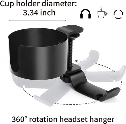 OOKUU 2 in 1 Desk Cup Holder with Headphone Hanger, Anti-Spill Cup Holder for Desk or Table, Easy to Install, Sturdy and Durable, Enough to Hold Coffee Mups, Water Bottles, Headphones