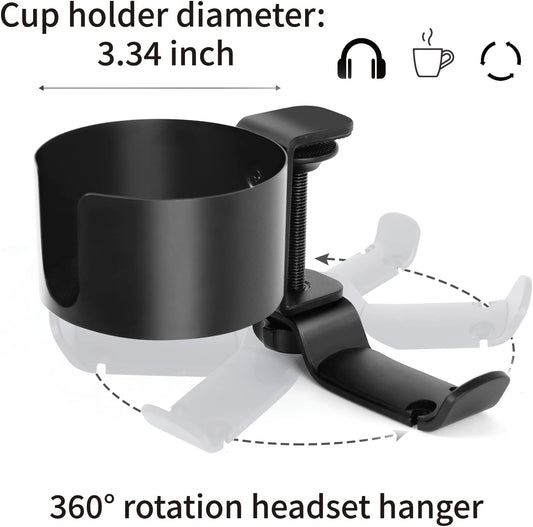 OOKUU 2 in 1 Desk Cup Holder with Headphone Hanger, Anti-Spill Cup Holder for Desk or Table, Easy to Install, Sturdy and Durable, Enough to Hold Coffee Mups, Water Bottles, Headphones