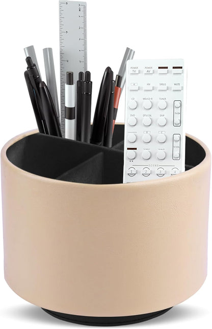 Round Leather Art Supply Organizer,Remote Control Holder,360 Degree Rotating,Multi-Functional Pencil Holder,4 Compartments Desktop Stationary Organizer(1-Fractal Flower) | Round - Colors C