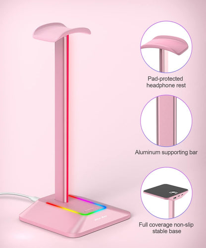 New Bee Headphone Stand with RGB Lighting, Sturdy Aluminum Gaming Headset Holder with USB-C & USB Charging Ports, Stable Desktop Earphone Stand for All Headphones Size, Black