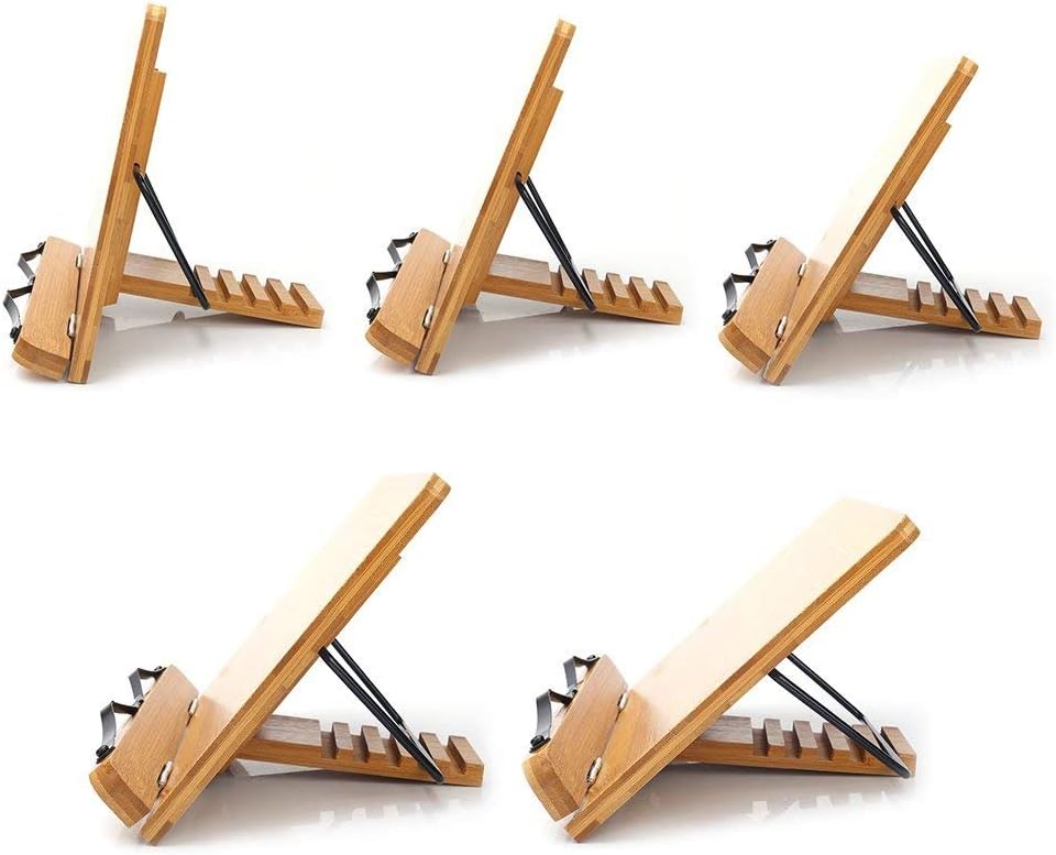 wishacc Bamboo Book Stand, Adjustable Book Holder Tray and Page Paper Clips-Cookbook Reading Desk Portable Stable Hard-Wearing Lightweight Bookstand-Textbooks Books