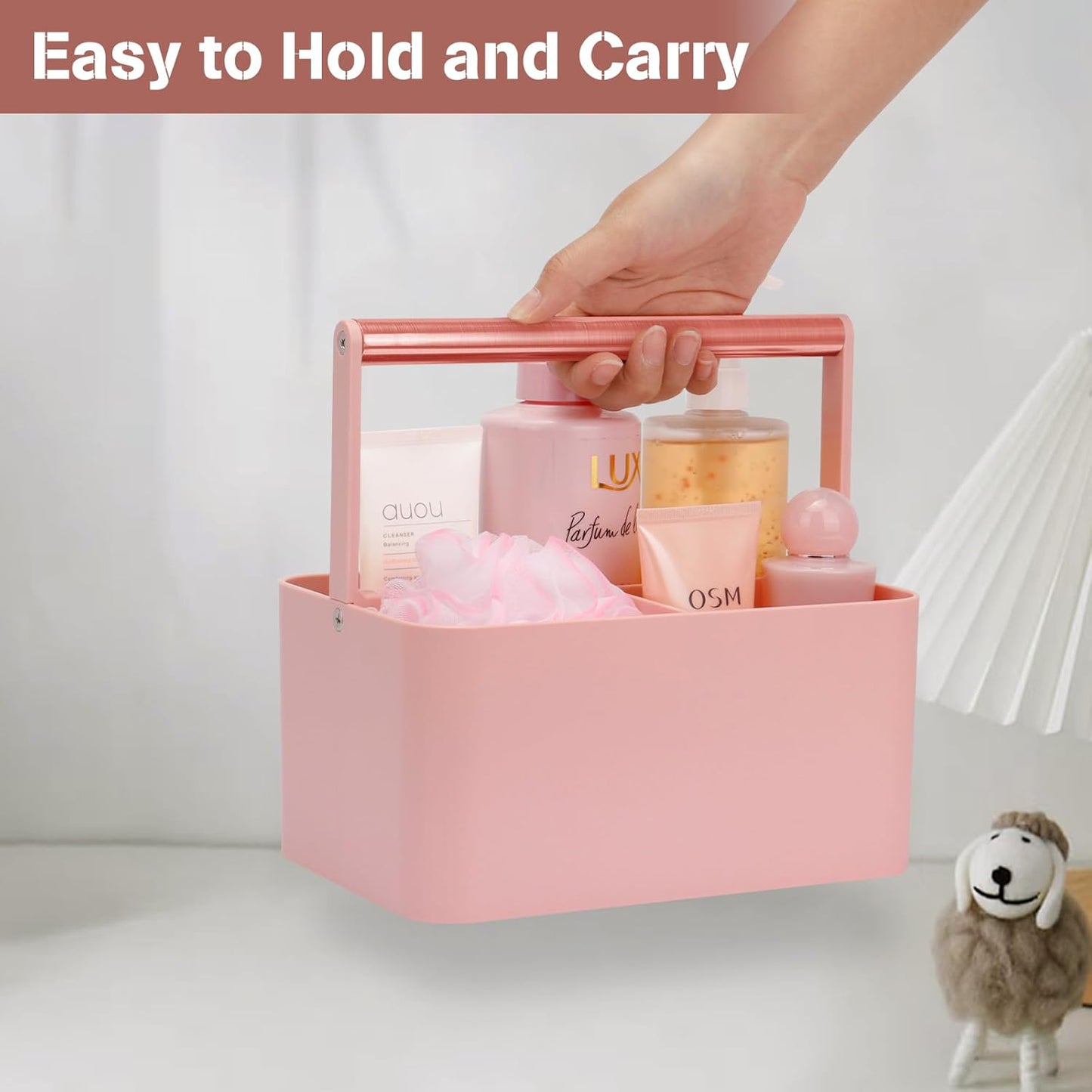 Multipurpose Caddy Organizer with Handle and Adjustable Divider, Portable Art Supply Storage Organizer for Art Craft Supplies, Dorm, Classroom, Office, Bathroom, Shower, Cleaning, Makeup (Pink)