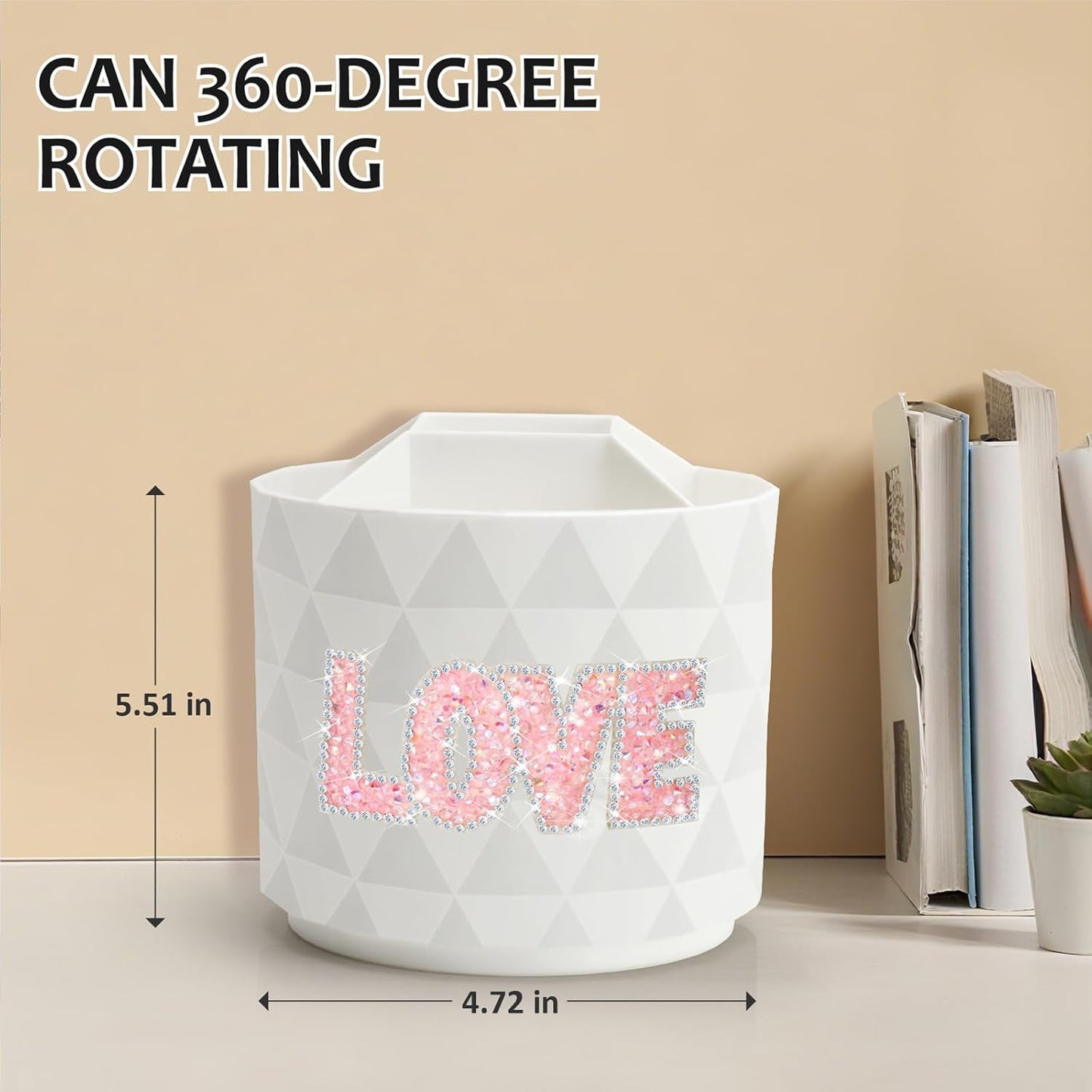 Desk Organizer, 360-Degree Rotating Pencil Pen Holders For Desk, Diamond Pattern Pen Organizer With 5 Compartments, Cute Desk Accessories Decor For Office, School,Home,Art Supply (White)