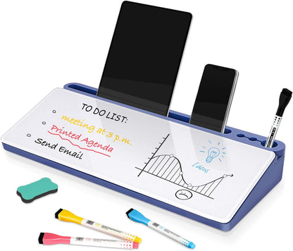 DOLLAR BOSS Glass Desk Whiteboard Calendar Small Dry Erase Board Desktop White Board with Storage Drawer Computer Keyboard Stand Desk Organizer, Colorful Weekly Calendar, Black
