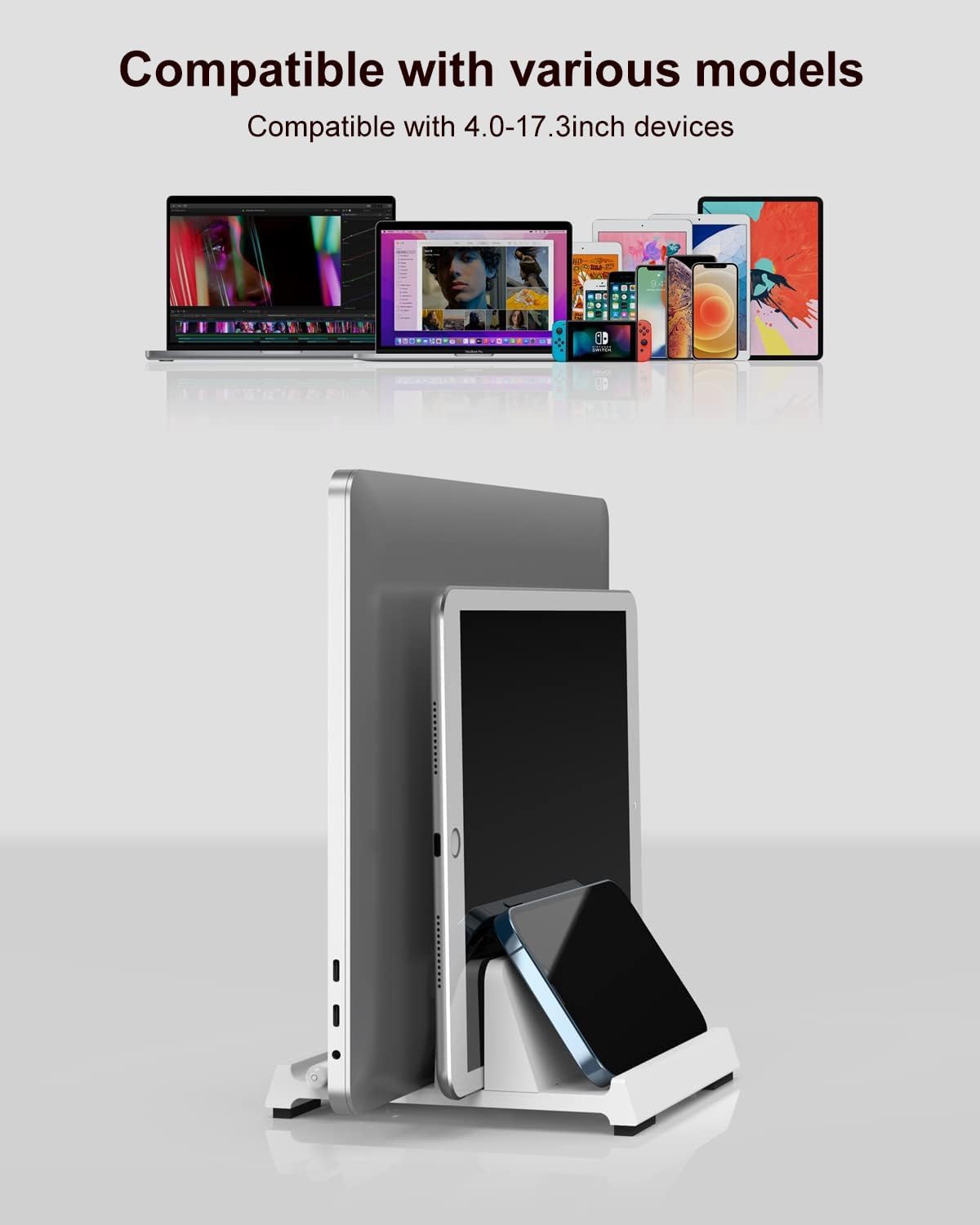 Vertical Laptop Stand for Desk, Dual Slots Plastic Laptop Holder with Space Saving 4-in-1 Design, Adjustable Width Supports MacBook, Chromebook, Surface, Dell (Black)