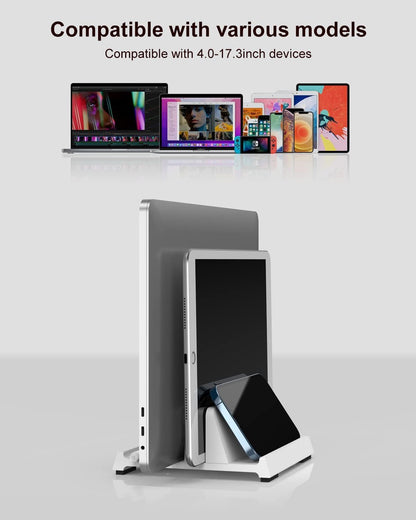 Vertical Laptop Stand for Desk, Dual Slots Plastic Laptop Holder with Space Saving 4-in-1 Design, Adjustable Width Supports MacBook, Chromebook, Surface, Dell (Black)