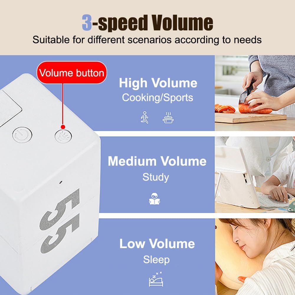 Pomodoro Timer Cube, Desk Productivity Time Management Tool with 10 Timer Presets, Adjustable Volume Small Pomodoro Cube for Task Work Cooking Kitchen
