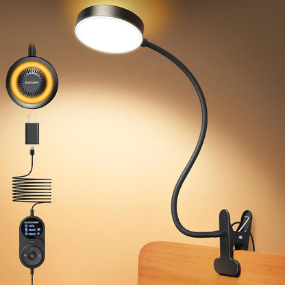 Glocusent 72 LED Clip on Lamp with Remote, Reading Light with Amber Ring, 3 Colors & 5 Dimmable Bed Lamp, 30/60-Min Auto Off Timer, Clamp Light for Headboard/Dorm/Bunk (Black)