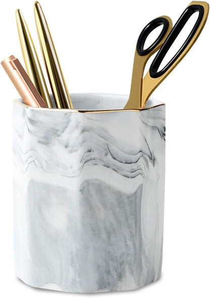 Pen Holder, Pencil Holder for Desk, Marble Desk Organizer Cute, Durable Ceramic Pencil Cup, Decorative Makeup Brush Holder Cup, Stationery Holder for Office, Home, Gray Marble