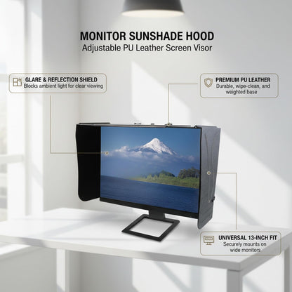 13-Inch Monitor Sunshade Hood, Adjustable PU Leather Screen Visor for Bright Offices, Black