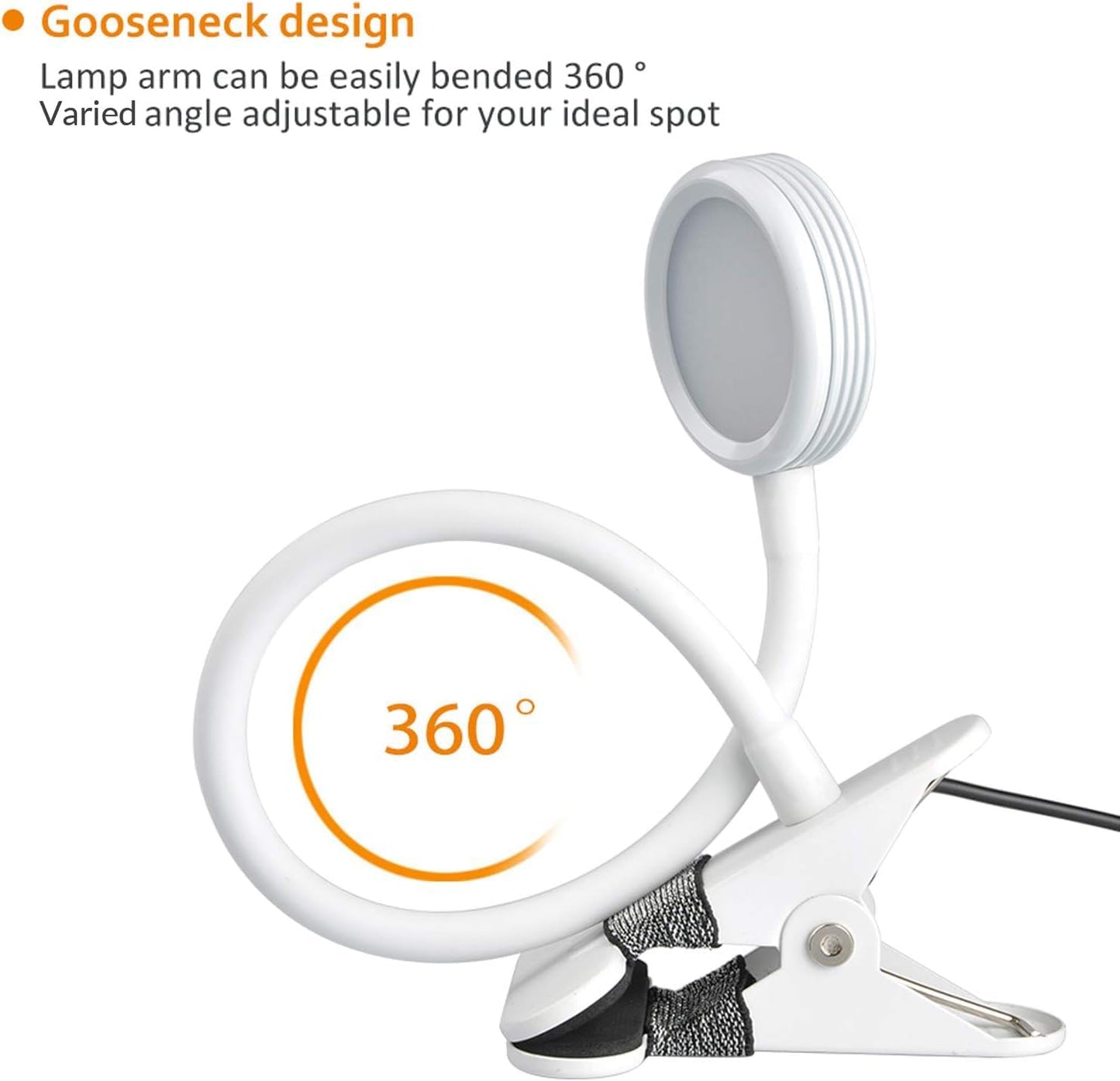 LEPOWER Clip on Light/Reading Lights/Book Light/Desk Lamp Color Changeable/Night Lights Clip on for Desk, Bed Headboard and Computers, Adapter Included (Black) Metal