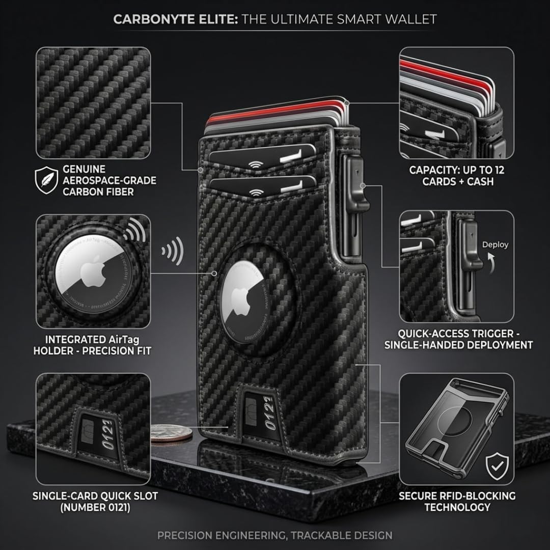 Mens Wallet with AirTag Holder, RFID Blocking, Pop-Up Aluminum Card Holder, ID Window, Money Clip, Fits up to 12 Cards, Slim & Minimalist, Smart, MicroFiber (Black), Gift Box, Billetera para Hombre