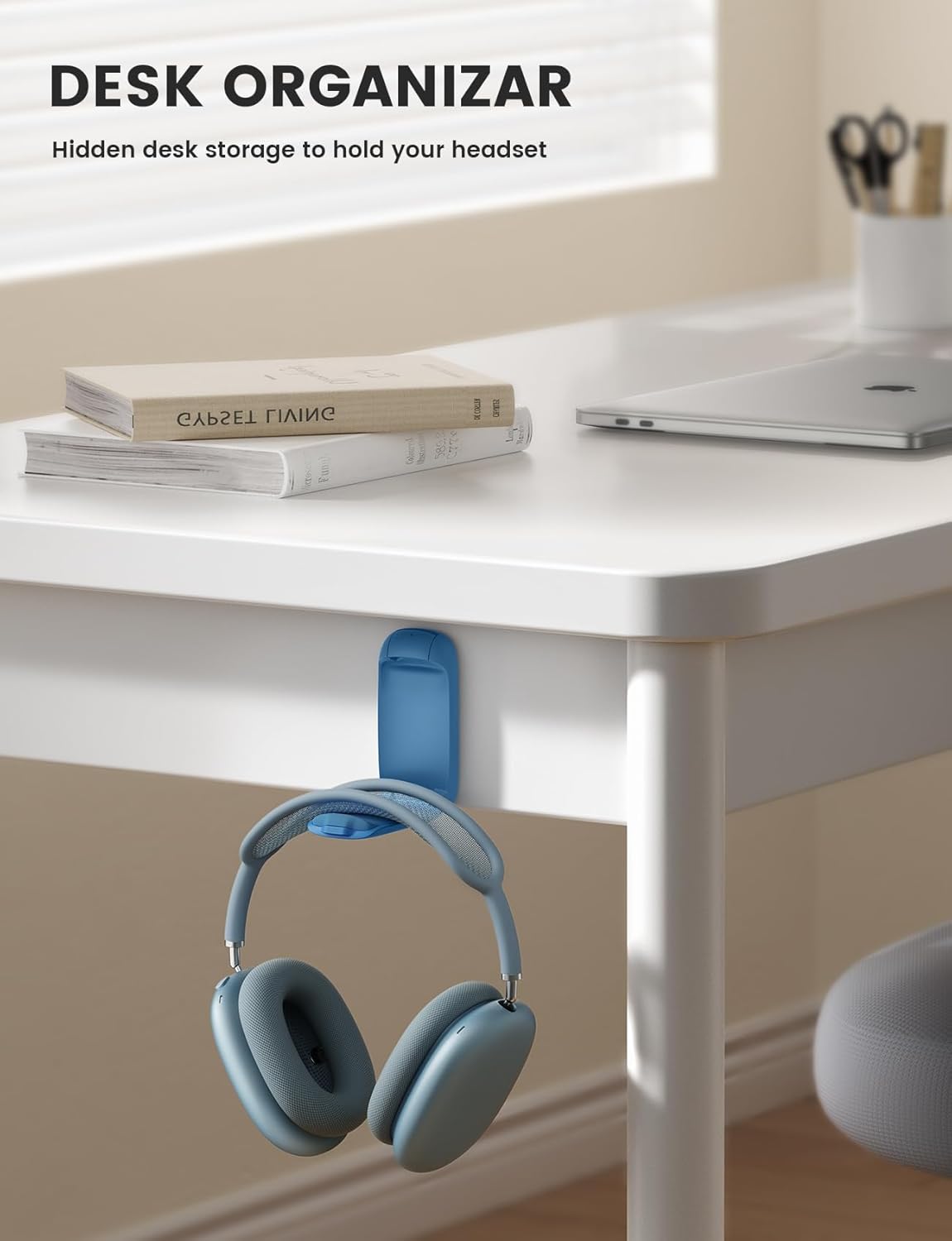 Lamicall Headphone Stand, Sticky Headset Holder - [Foldable & Compact] Headphone Holder Hook Mount, Adhesive Hanger Clip Under Desk, Earphone Clamp for Airpods Max, HyperX, Sennheiser, Black