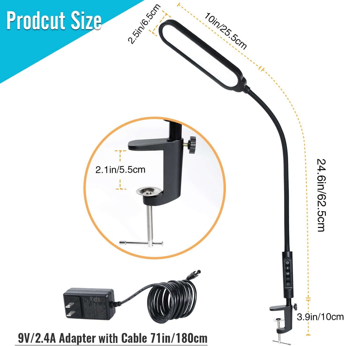 LED Desk Lamp with Clamp, Clamp Light, Tall Desk Lamp with Long Gooseneck, 11W, 850 LMS, 3 Color Modes, 10 Brightness Levels, Eye-Caring, Clip on Desk Light for Reading, Home, Office