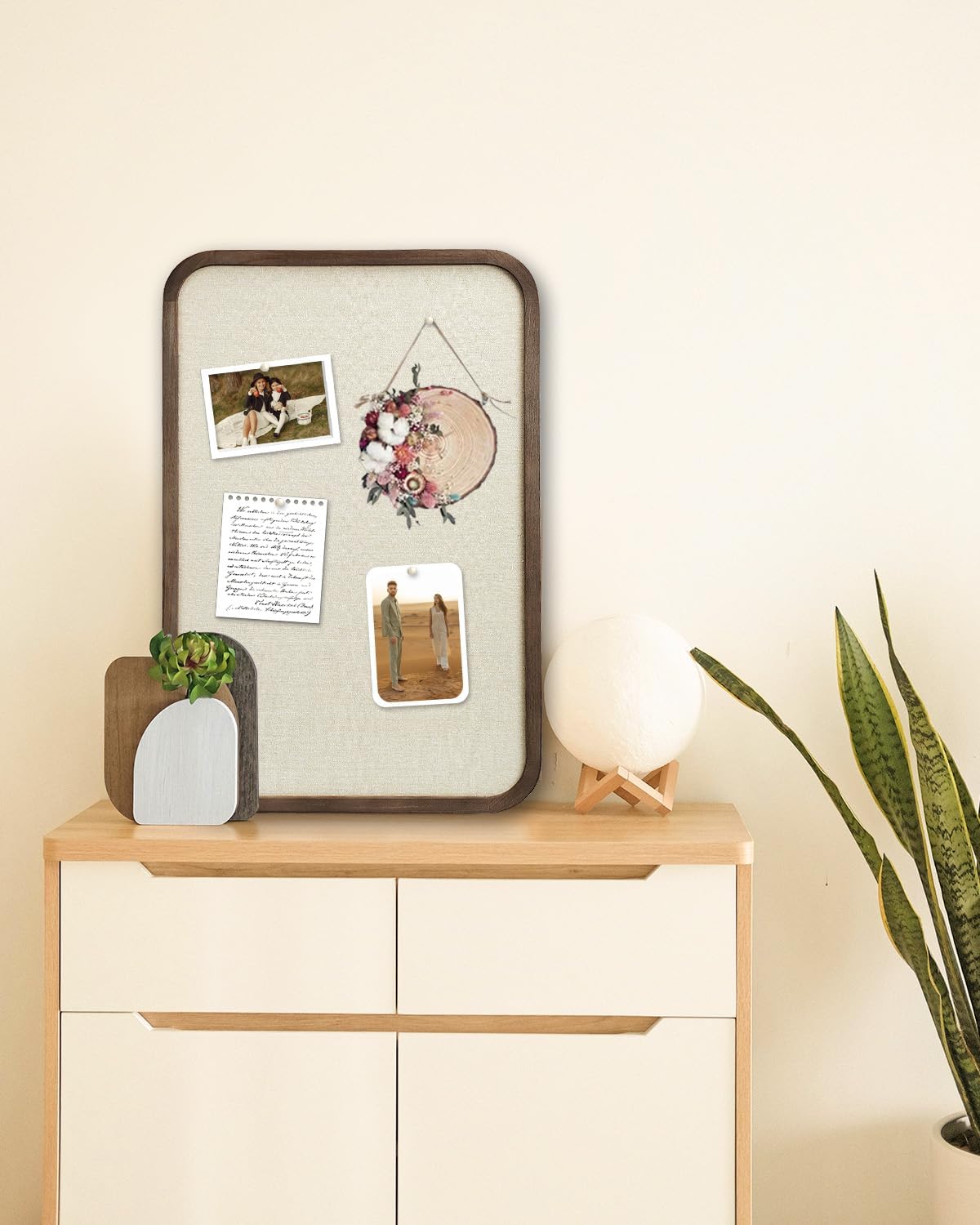Linen Bulletin Board, Pin Board for Walls, Fabric Bulletin Board, 13"x17"Small Pin Board for Home Kitchen Office Decorative, Brown Wood Frame Cork Board(BN-3343)