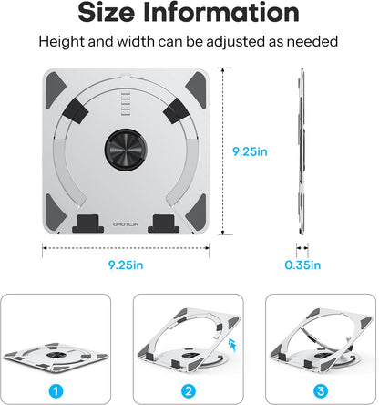 OMOTON Portable Laptop Stand for Desk, Ergonomic Computer Stand with 360° Rotating Base, 5-Level Adjustable Aluminum Foldable Mount, Compatible for 10-15.6" Laptops