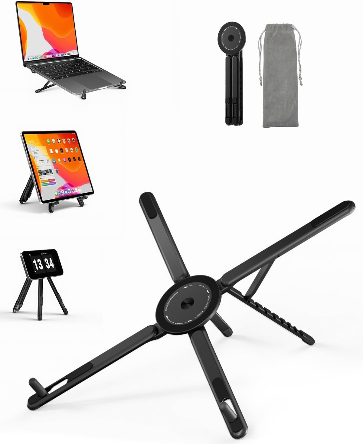 SupeDesk Adjustable Laptop Stand, 3-in-1 Magnetic Foldable Stand for Laptop, Tablet & Phone, Portable Aluminum Laptop Riser with Multi-Angle Support for Desk, Home & Travel, Black