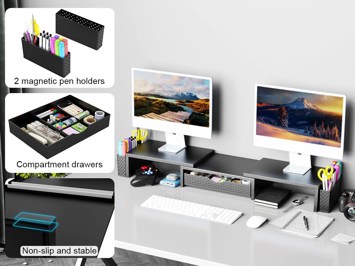Spacrea Metal Desk Organizers and Accessories, Dual Monitor Stand Riser with Drawer and 2 Pen Holders, Desk Accessories & Workspace Desktop Organizers for Office Supplies (Wood)