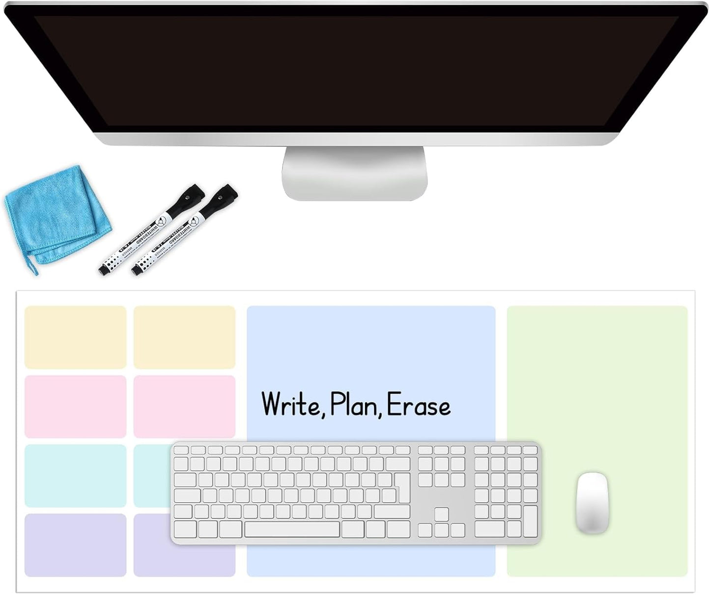 Dry Erase Desk Mat, Large Mouse Pad, Erasable Writing White Board for Making Plans, Self Adhesive Desktop Protector with 2 Wet Erase Markers & 1 Eraser for Home Office School 36"x16" (Pink Blue)