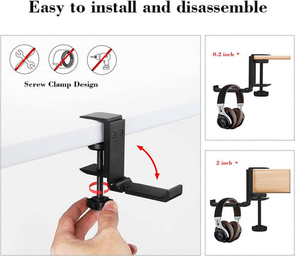 Headphone Holder Under Desk Hook with Cable Organizer, Foldable Aluminum Headset Mount, Space-Saving Hanger for Most Headphones