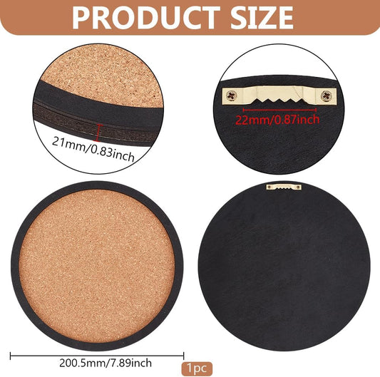 BENECREAT Flat Round Pin Board Cork Board, 7.87inch Bulletin Board Wall Mounted Display Board with Black Frame for Brooch Pin Storage Display, Office Home School Decor