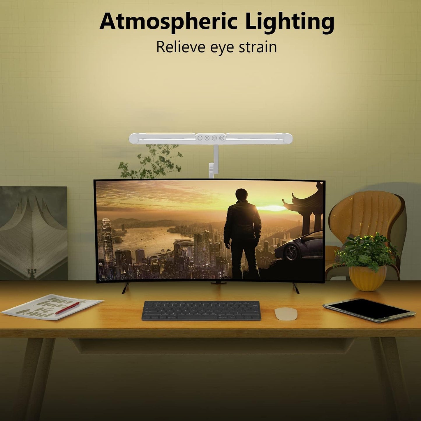 Micomlan Led Desk Lamp with Clamp, Architect Desk Lamp for Home Office with Atmosphere Lighting, 24W Ultra Bright Auto Dimming Computer Light Stepless Dimming and Tempering LED Table Light