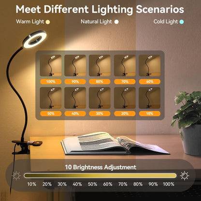 Skymore Clip on Light -3 Color Modes&10 Brightness LED Reading Desk Light with Clamp Flexible Gooseneck Book Light for Kids' Bedtime Reading, Zoom Meetings, Clip on Table, Headboard, Dorm&Office Use