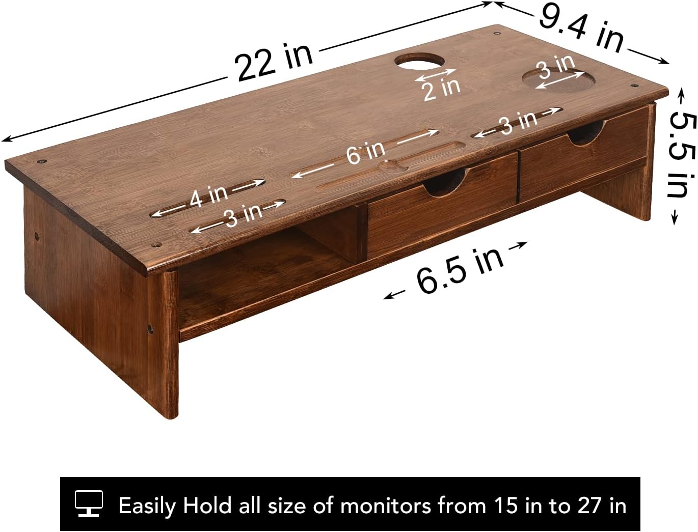 Sundale Outdoor WAYTRIM Bamboo Wood Monitor Stand Ergonomic Computer Riser with Storage Organizer Drawers Desktop Laptop Shelf Risers Cellphone Stand for Home and Office Use, Classic Antique Brown