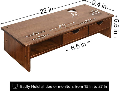 Sundale Outdoor WAYTRIM Bamboo Wood Monitor Stand Ergonomic Computer Riser with Storage Organizer Drawers Desktop Laptop Shelf Risers Cellphone Stand for Home and Office Use, Classic Antique Brown