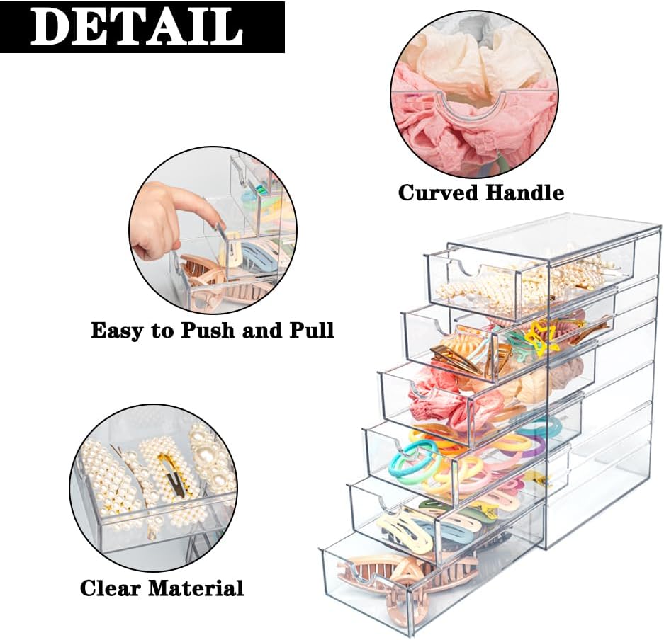 Clear Hair Accessories Organizer Box with 6 Layers, Acrylic Stackable Storage Drawers for Hair Ties, Claw Clips, Bow Holder for Girls, Vanity Makeup Organizer, Bathroom or Desk Countertop Container