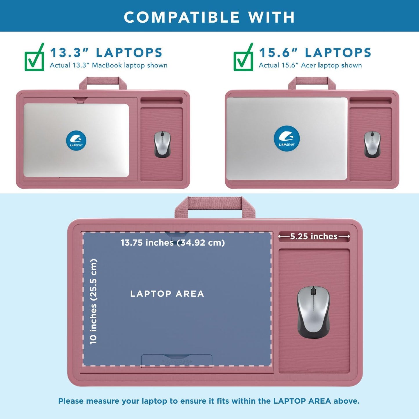 LAPGEAR Ergonomic Pro 2.0 Lap Desk with 9 Adjustable Heights, Built-in Mouse Pad & Phone Slot – Full Microbead Cushion, Storage Pocket – Fits Laptops up to 15.6" – Dusty Rose – Style No. 49504