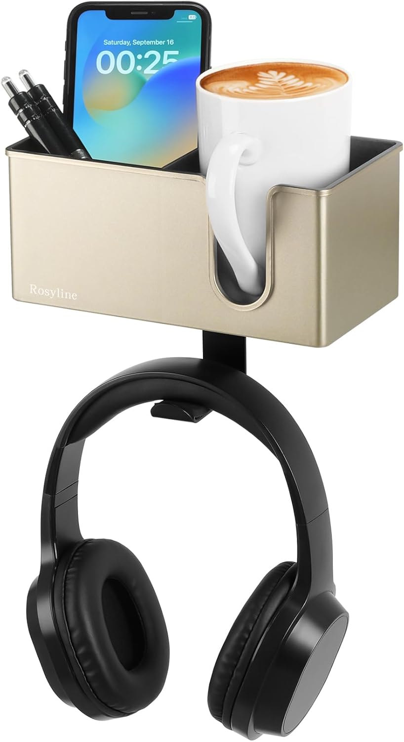 Rosyline 3-in-1 Desk Cup Holder & Clip-on Cup Holder, Clip on Desk Organizer – with Anti-Spill Function, Keeps Your Coffee, Headset, Phone & Pens Within Easy Reach, for Office Desk (Black)