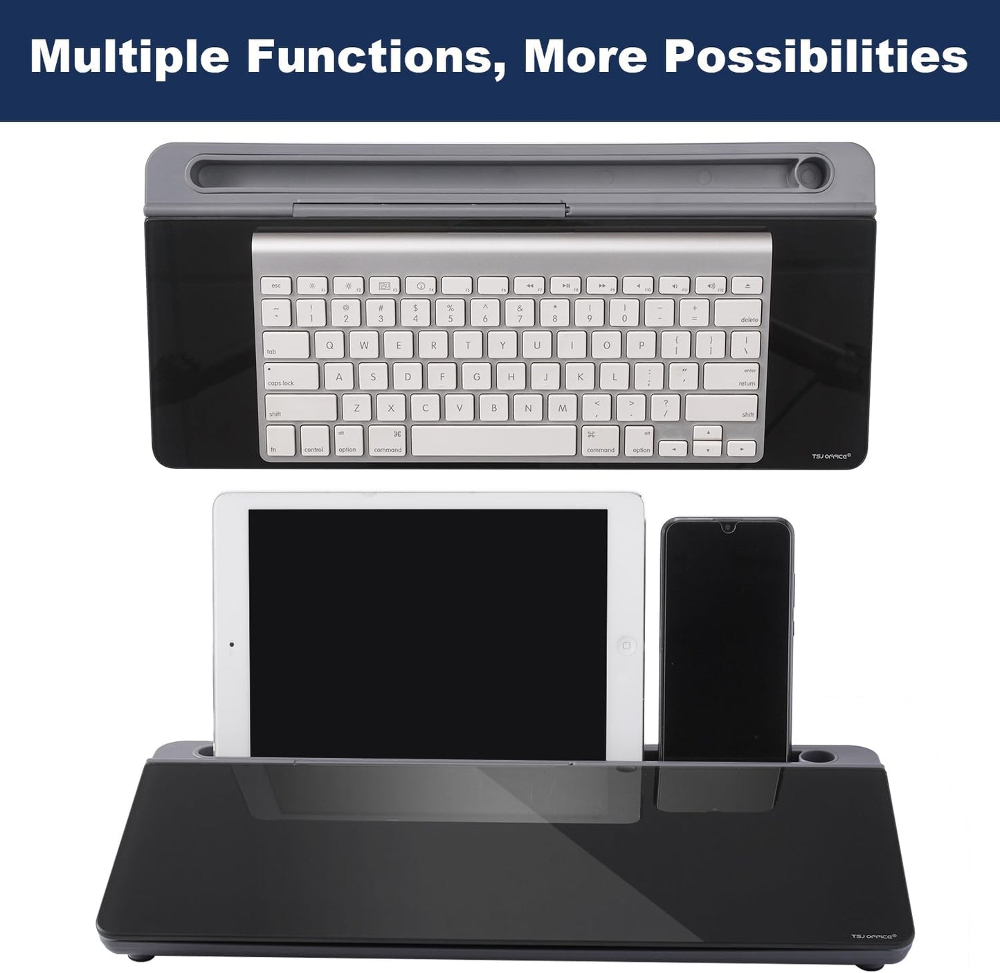 TSJ OFFICE Small Desktop Whiteboard -Glass Dry Erase Board Computer Keyboard Stand White Board Surface Pad with Drawer, Desk Organizers with Accessories for Office, Home, School Supplies - White