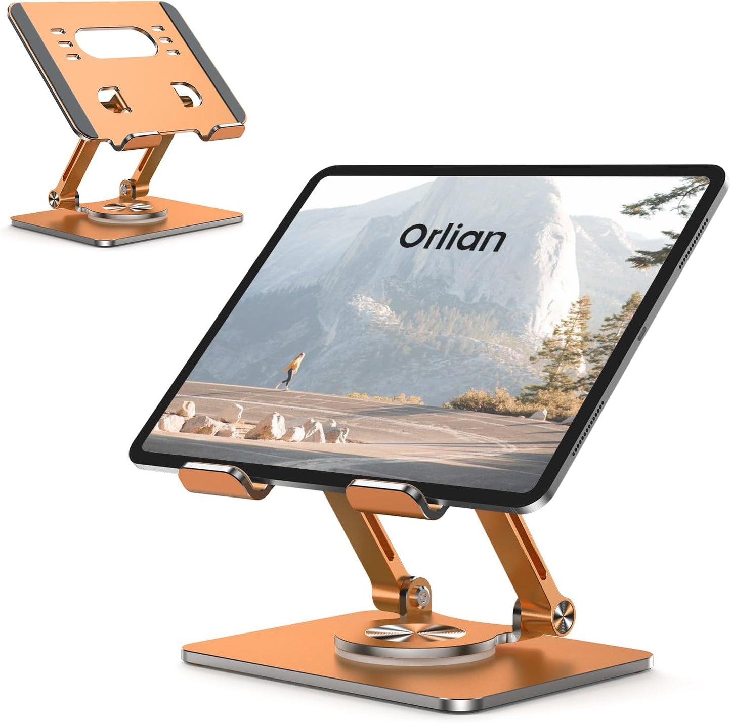 Orlian Tablet Stand Holder with Thickened 360°Rotating Base Dual Rod Adjustable Aluminum Stand for All 5.8-12.9” iPad Samsung Phone Tablet Kindle E-Reader and More, Black