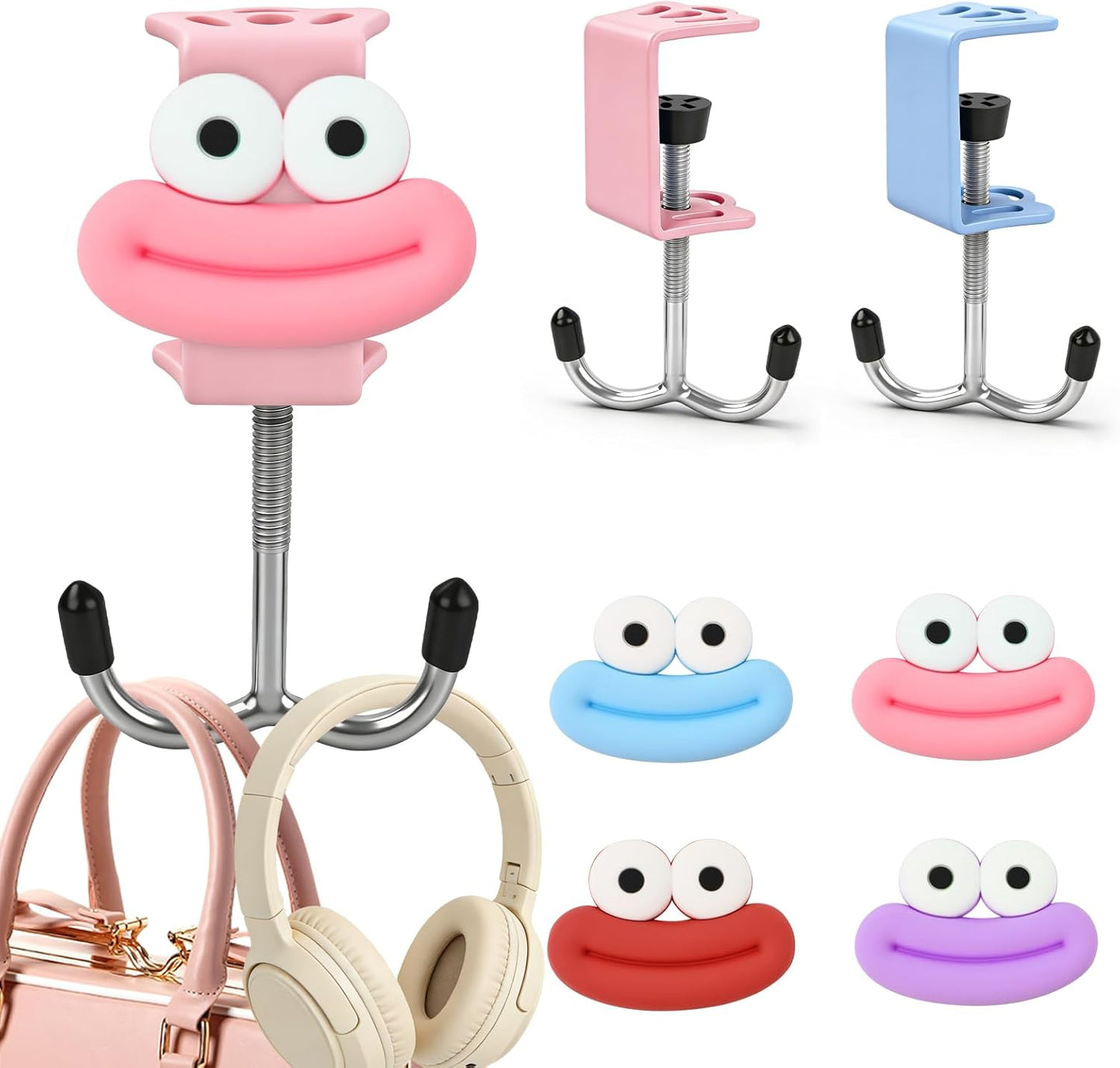 AULEEP 2 Pack Clamp-On Under Desk Bag Hook, Adjustable Purse Holder for Table with Cute DIY Stickers, 100 lbs Capacity Heavy-Duty Desk Organizer Hooks for Handbag, Backpack, Headphone, Black