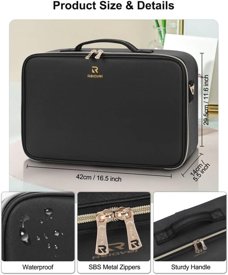 Relavel Travel Makeup Bag With LED Mirror, Cosmetic Train Case with Light up Mirror, Portable Makeup Artist Organizer Bag with Adjustable Dividers, Makeup Brush Holder Storage, Black