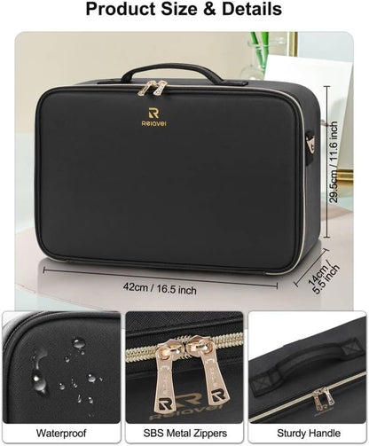 Relavel Travel Makeup Bag With LED Mirror, Cosmetic Train Case with Light up Mirror, Portable Makeup Artist Organizer Bag with Adjustable Dividers, Makeup Brush Holder Storage, Black