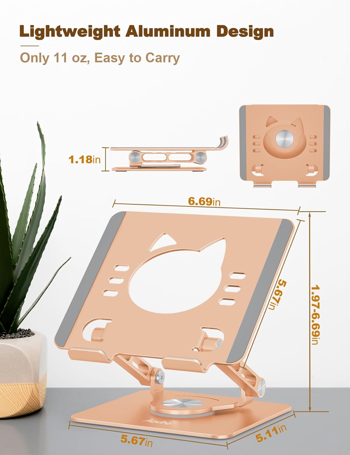 Aoviho Tablet Stand 360° Rotating Aluminum Holder - Adjustable, Portable & Foldable Monitors Stand for iPads, Compatible with 4-13.3" Tablets, Purple