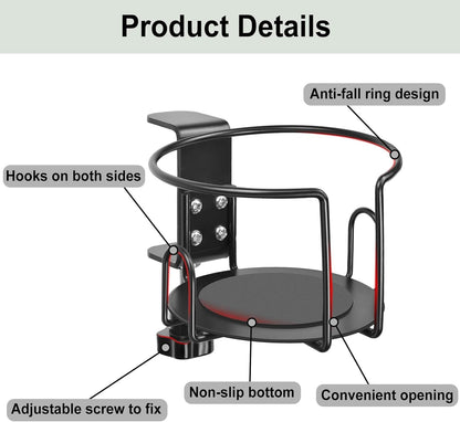 Upgraded Cup Holder, Gaming Desk Accessories Anti-Spill Drink Cup Holder for Table Edge or Chair Armrests, Clip on Desk Side Cups Holders for Home or Outdoor Camping -Black