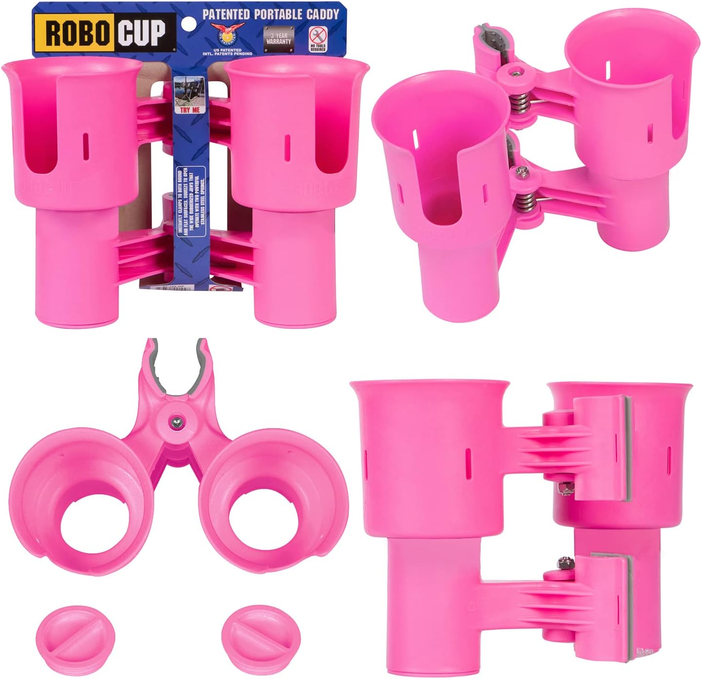ROBOCUP, (White), Patented Clamp On Boat Cup Holder |Multifunction Dual Drink Caddy for Fishing Poles, Tools, Net, Gaff |Portable Storage for Boating, Beach, Umbrellas, Golf Carts, Strollers