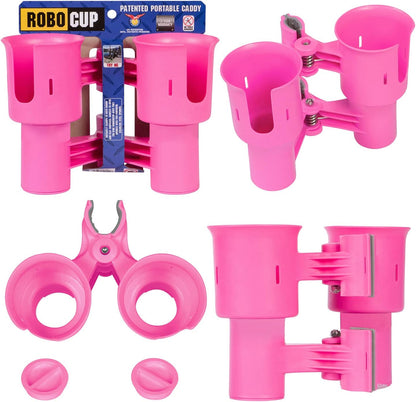 ROBOCUP, (White), Patented Clamp On Boat Cup Holder |Multifunction Dual Drink Caddy for Fishing Poles, Tools, Net, Gaff |Portable Storage for Boating, Beach, Umbrellas, Golf Carts, Strollers