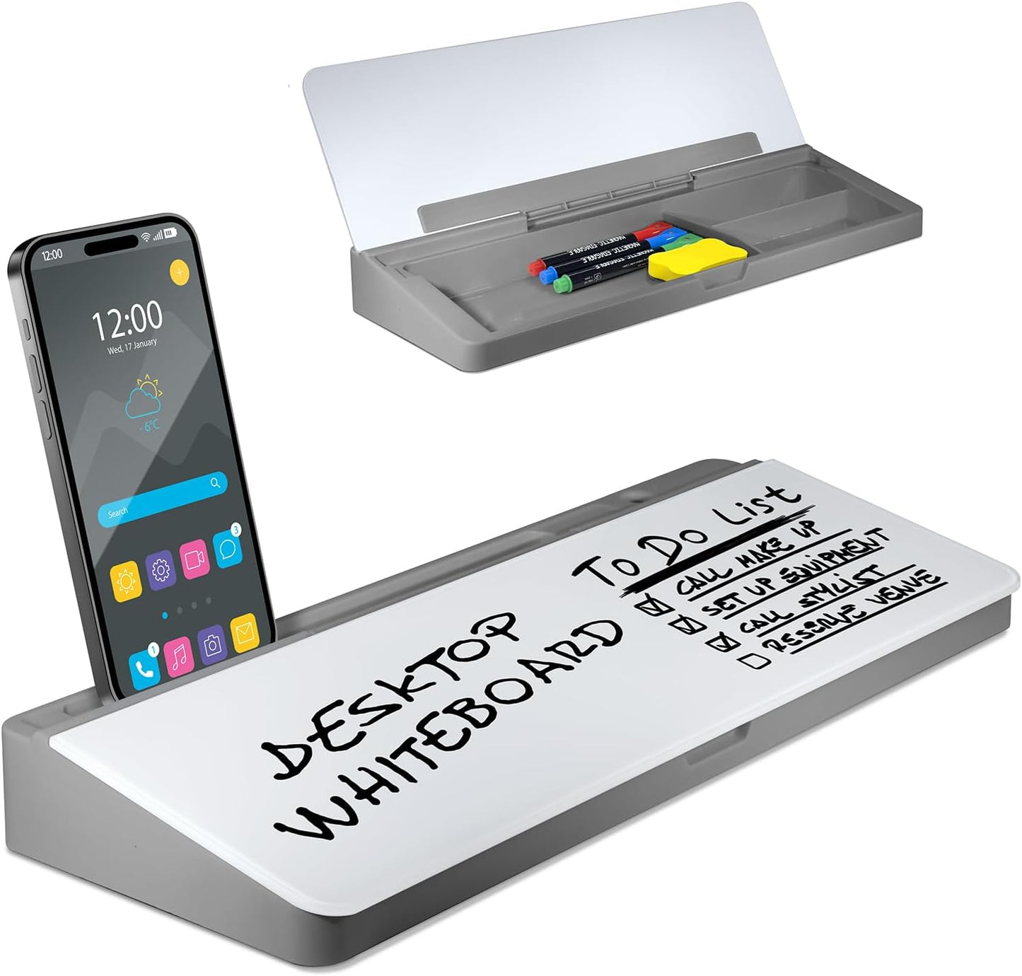 Desktop Whiteboard - Glass Dry Erase White Board - Desk Computer Buddy – Home Office & Studying Essentials - with Phone & Tablet Slot, Storage Compartment - Includes 4 Markers, 1 Eraser (2 Pack)