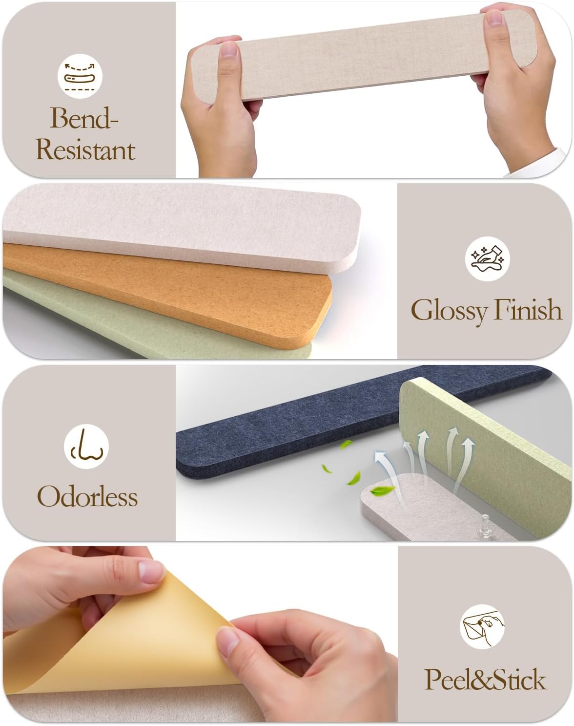 JBER Felt Strip Board 5 Pack 13"x2", Cork Board Alternative Pin Bulletin Board, Self-Adhesive Vision Board with 25 Push Pins for Walls, Office & Home Decor(Light Camel)