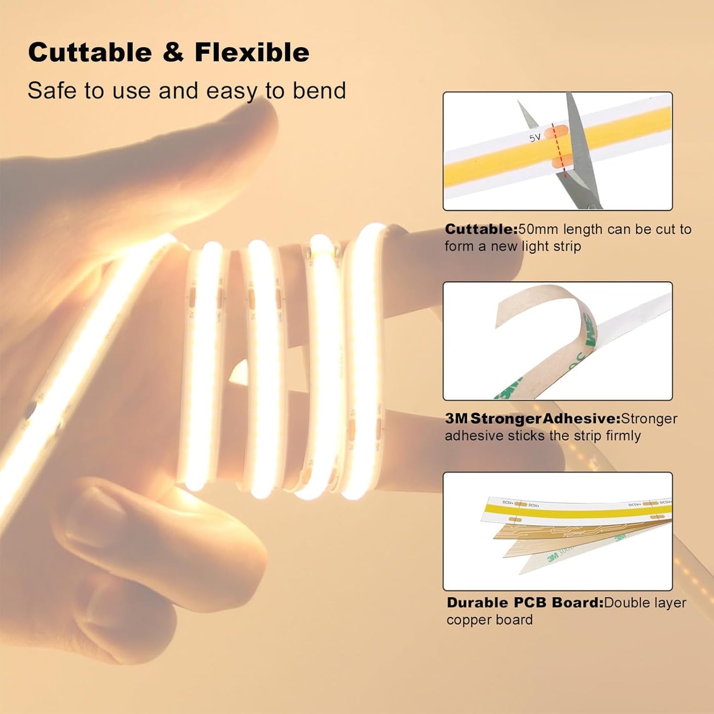 USB Light Strip Warm White 3000K CRI 92+ Small Dimmable COB LED Strip Light Cuttable 5V USB Powered 6 ft 10W for TV Backlight Cabinet Bedroom Indoor DIY Lighting Project