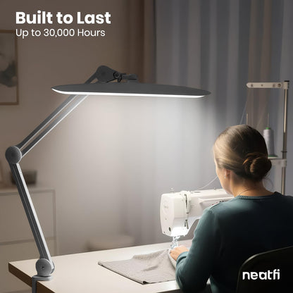 Neatfi XL 2200 Lumens 24W LED Desk Lamp – Shadow-Free Task Lighting | 4-Level Dimming | Home Office & Crafts Use | 20-Inch Wide Head (White, Non-CCT with Clamp)