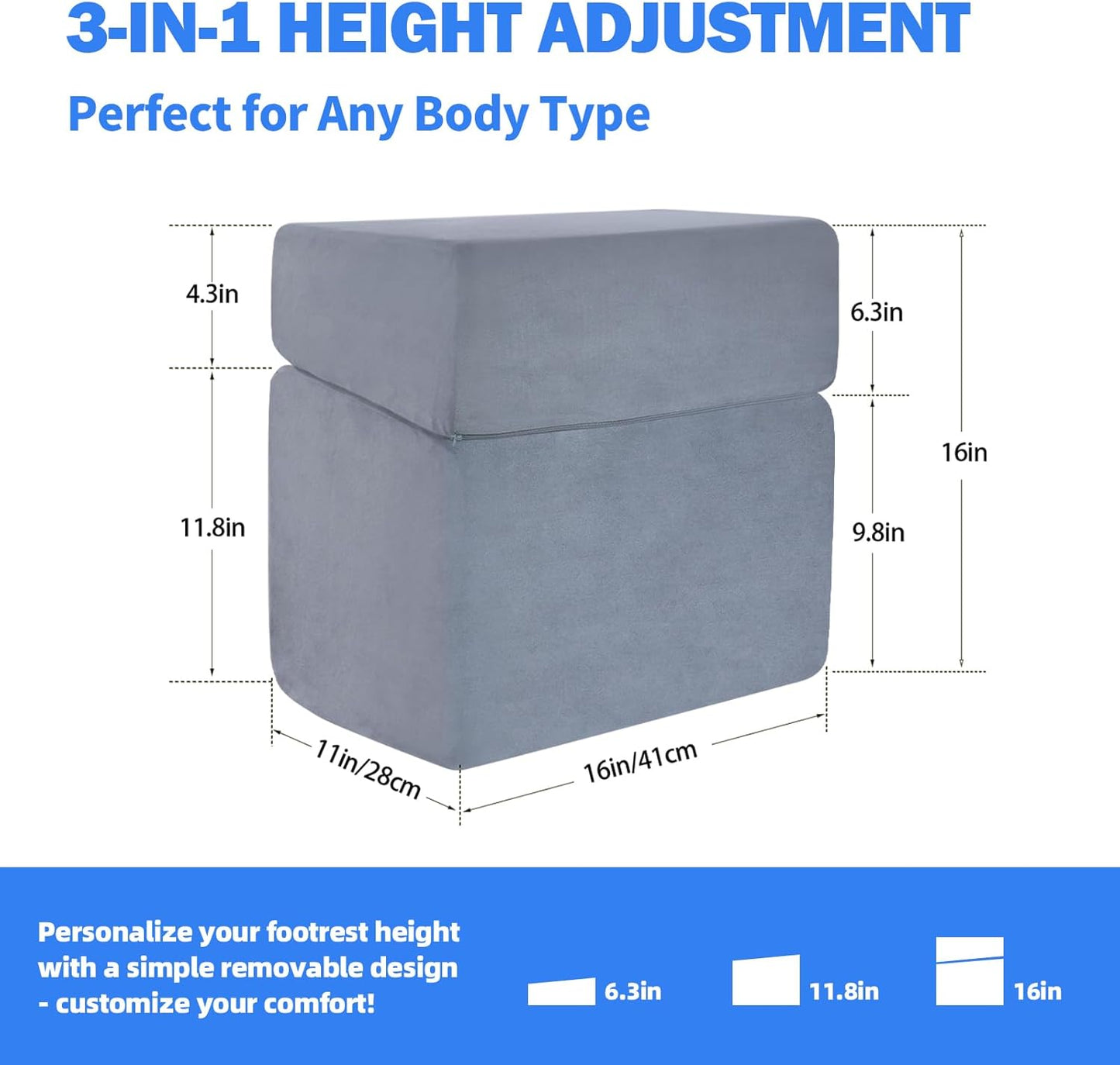 Adjustable Foot Rest for Under Desk At Work - 3-in-1 Ergonomic Foot Stool with Zipper Connection, 6.3"/11.8"/16" Height Adjustable for Office, Home & Gaming (Black)