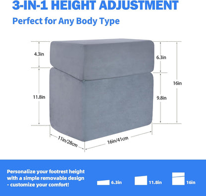 Adjustable Foot Rest for Under Desk At Work - 3-in-1 Ergonomic Foot Stool with Zipper Connection, 6.3"/11.8"/16" Height Adjustable for Office, Home & Gaming (Black)
