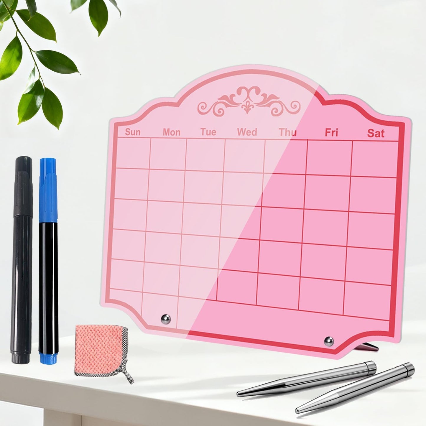 Calendar Dry Erase Board Acrylic Desk Whiteboard Weekly to Do List Memo Note Tabletop Monthly Planner with Stand Desktop Thickened Acrylic Pink 12" x 10" for Home Office School