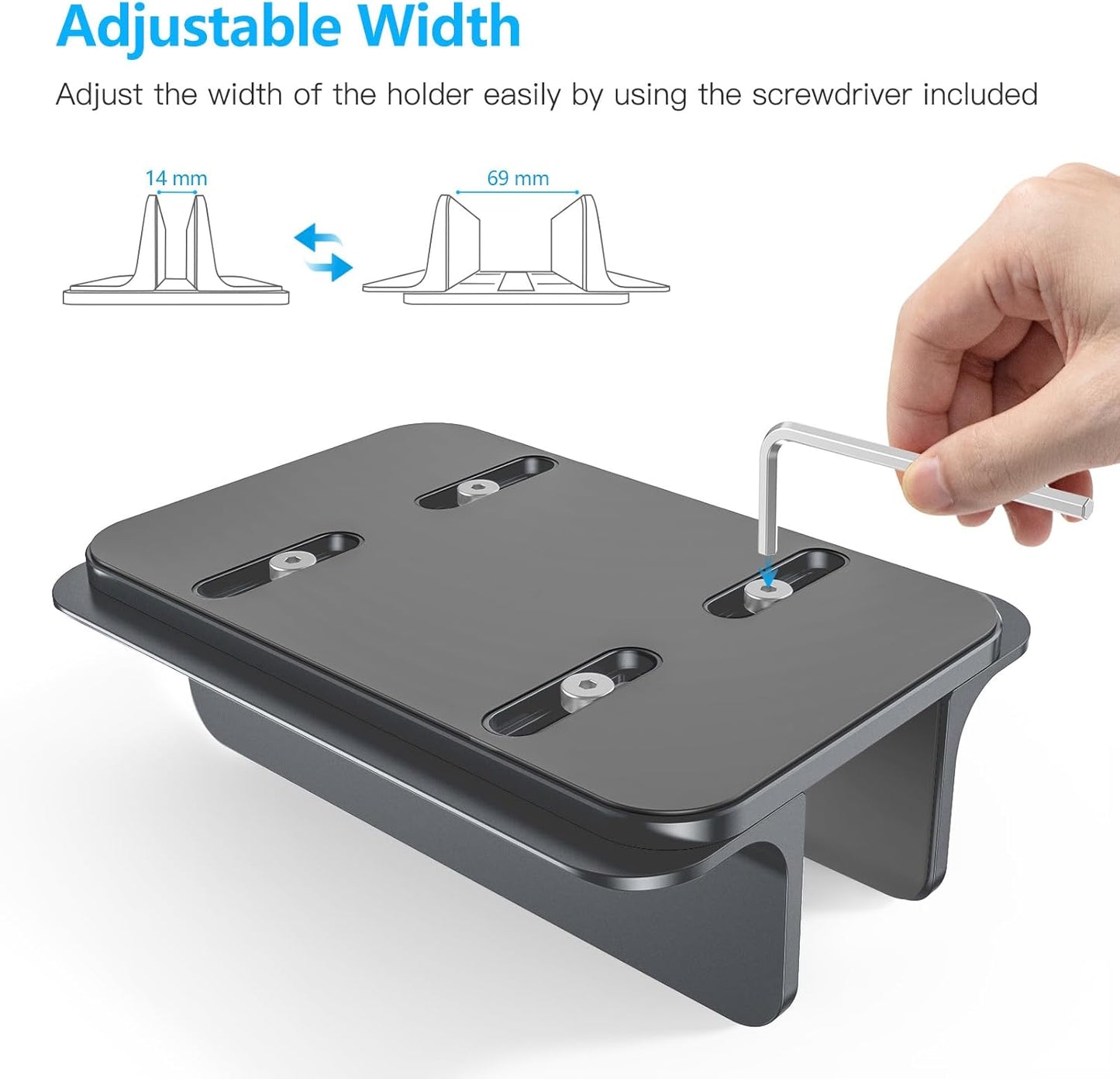 OMOTON Vertical Laptop Stand Holder, Desktop Aluminum Stand for MacBook with Adjustable Dock Size, Fits All MacBook, Surface, Chromebook and Gaming Laptops (Up to 17.3 inches), Silver