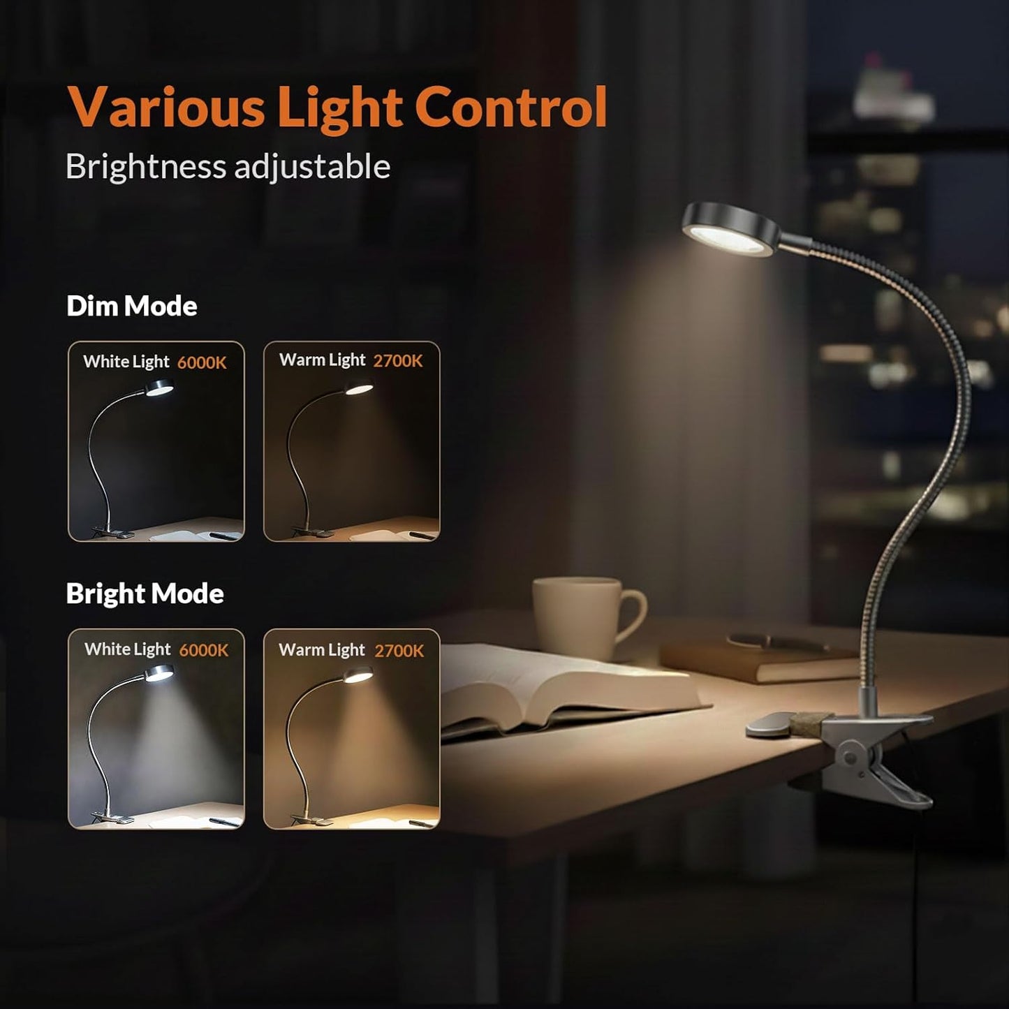 LEPOWER Clip on Light/Reading Lights/Book Light/Desk Lamp Color Changeable/Night Lights Clip on for Desk, Bed Headboard and Computers, Adapter Included (Black) Metal